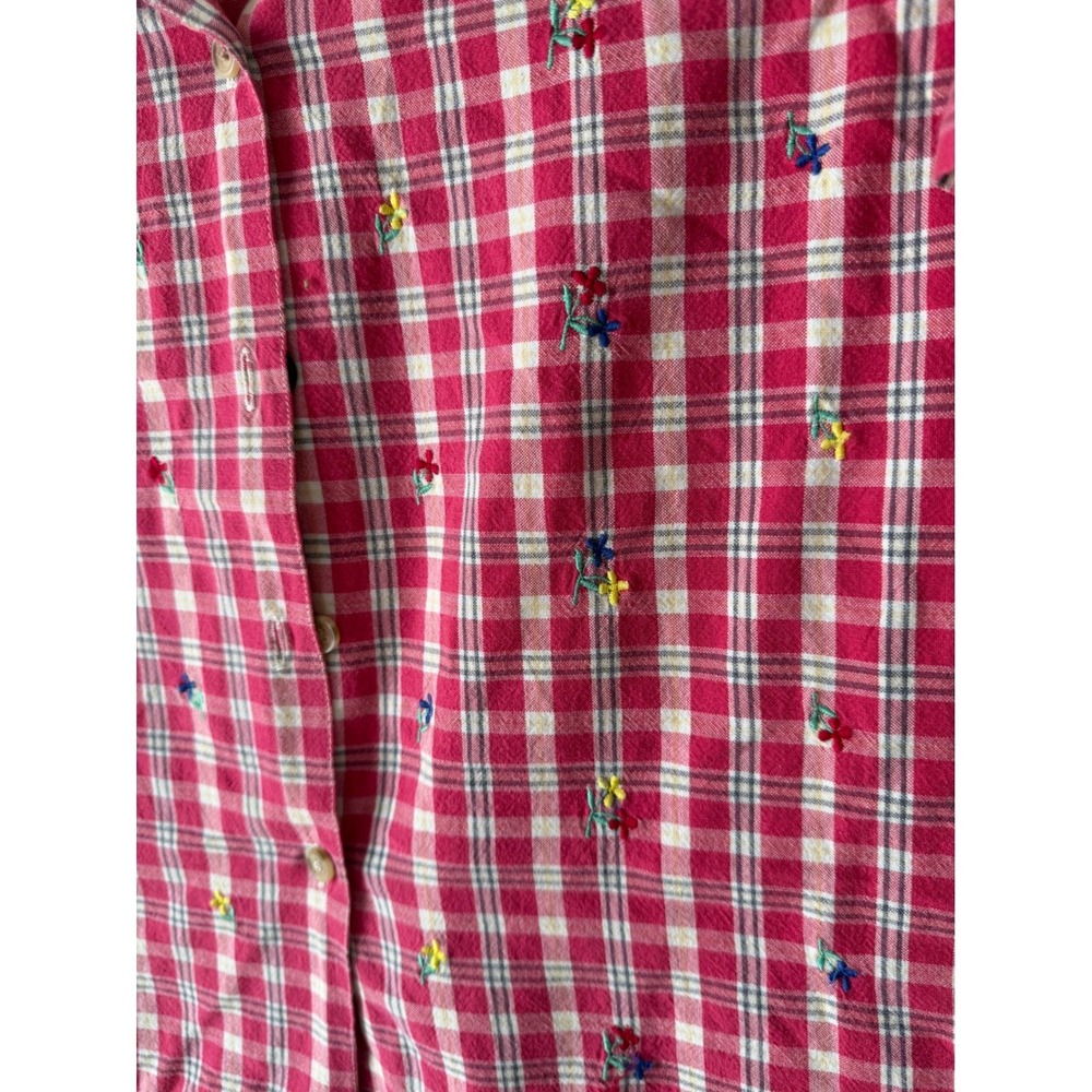 Krazy Kat Vintage Plaid Embroidered Floral Button Up Shirt Denim Collar Red L - Picture 3 of 8
